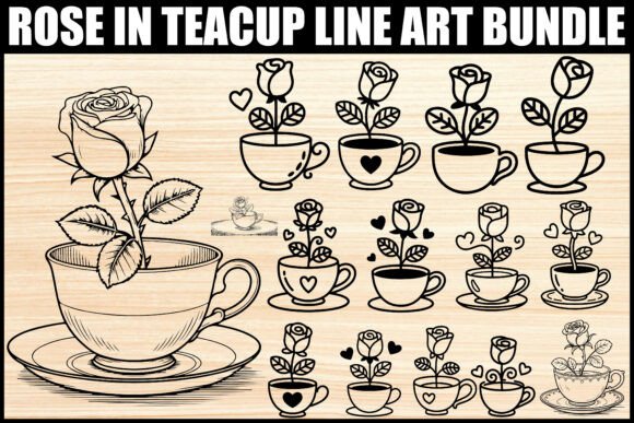 Download Rose in Teacup Line Art Bundle - Premium Bundle