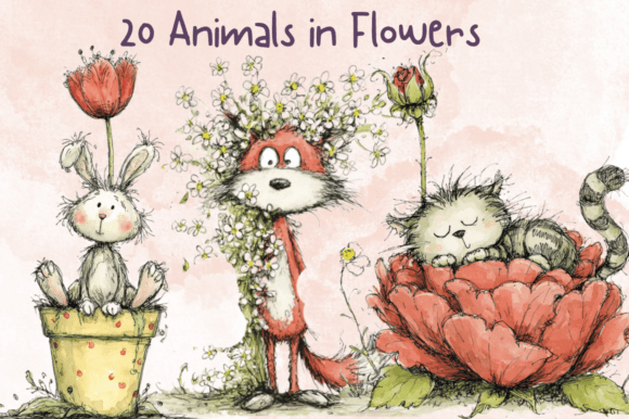 Download Whimsical Animals in Flower Clipart Set - Premium Resources