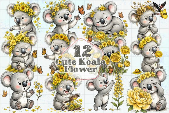 Download Cute Koala Flower Clipart PNG - Premium Bundle
